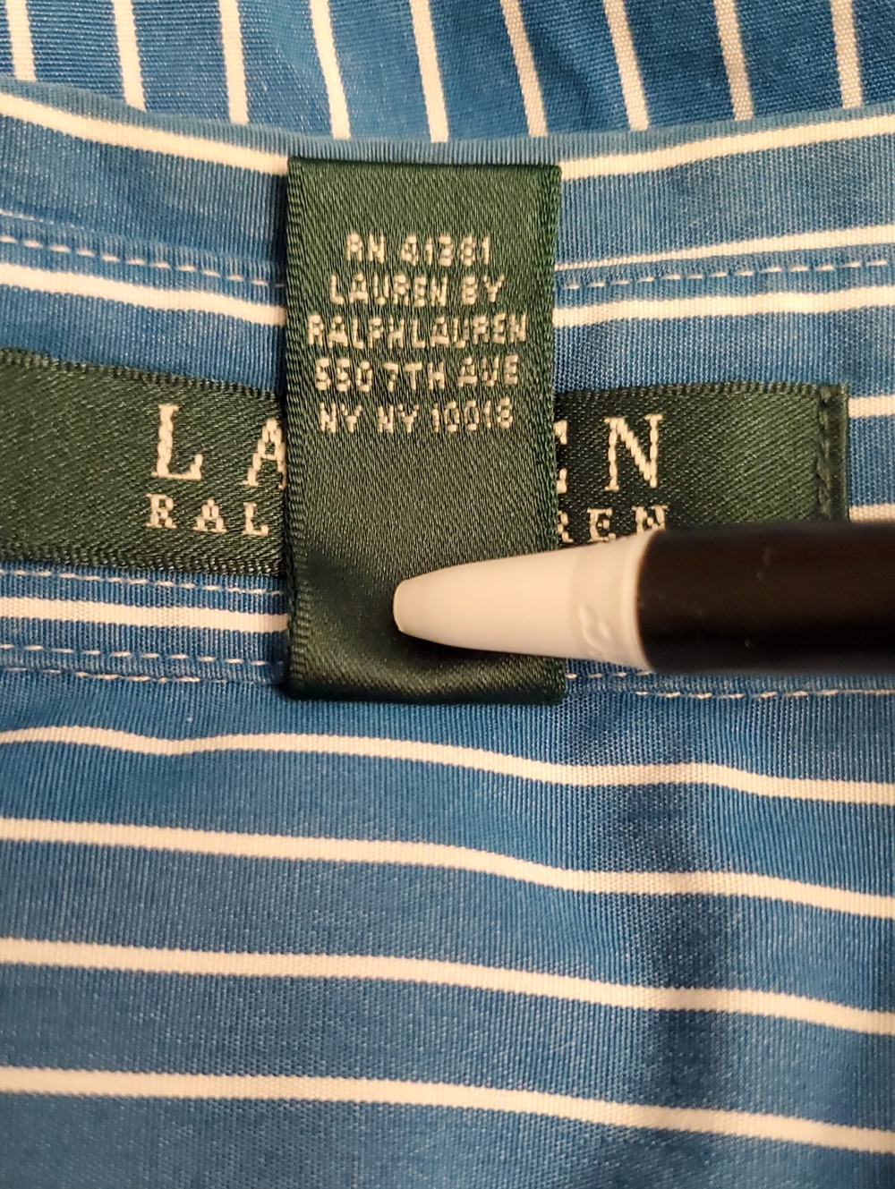 Lauren Ralph Lauren Blue and White Striped Ruffled Front Poet Shirt, Size Large - Picture 5 of 7